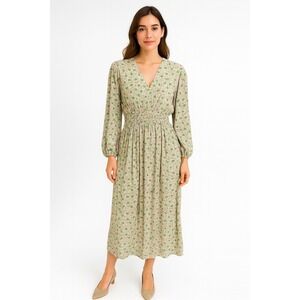 Dress Forum Dress Women Medium Green Floral Midi Smocked Long Sleeve Cottagecore